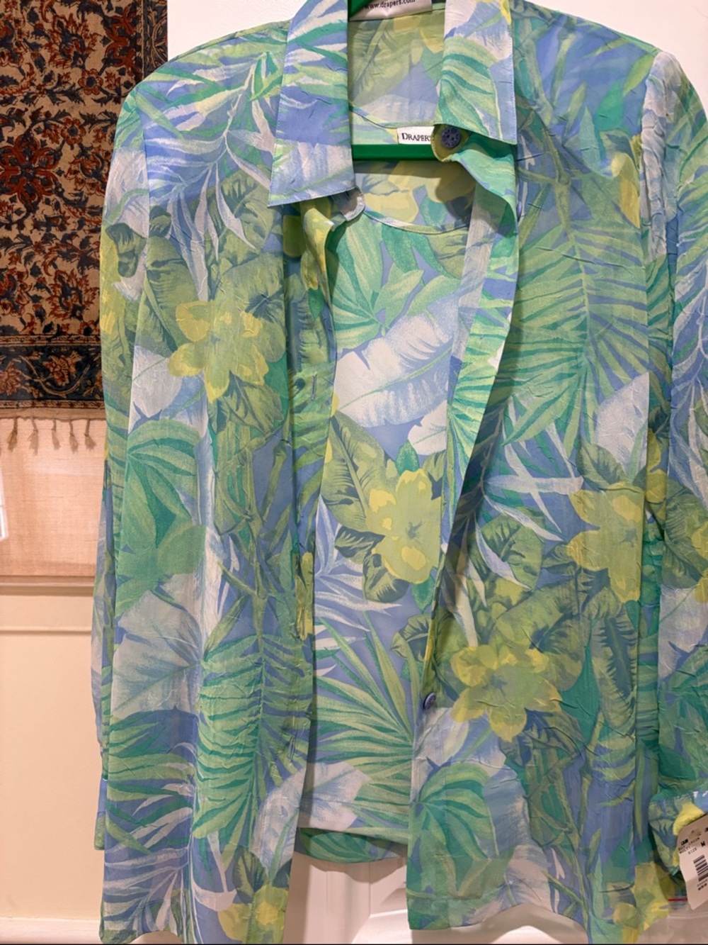 Draper’s & Damon’s Tropical Leaf & Floral Sheer Blouse in Green, Blue & Yellow M - Picture 4 of 15